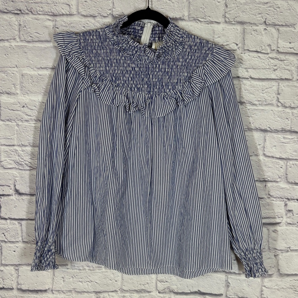STS Sail to Sable Blue White Stripe Smocked Ruffle Top Long Sleeve Size L